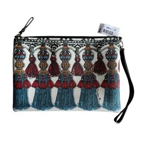 Brighton "TANGIER" Boho Tassel‎ Canvas Wristlet Pouch Handbag Clutch
